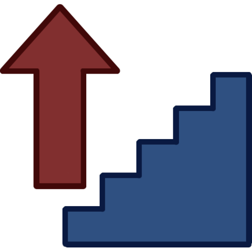 a blue staircase with 5 steps. the staircase has a darker blue outline. next to the staircase is a red arrow, pointing upwards.